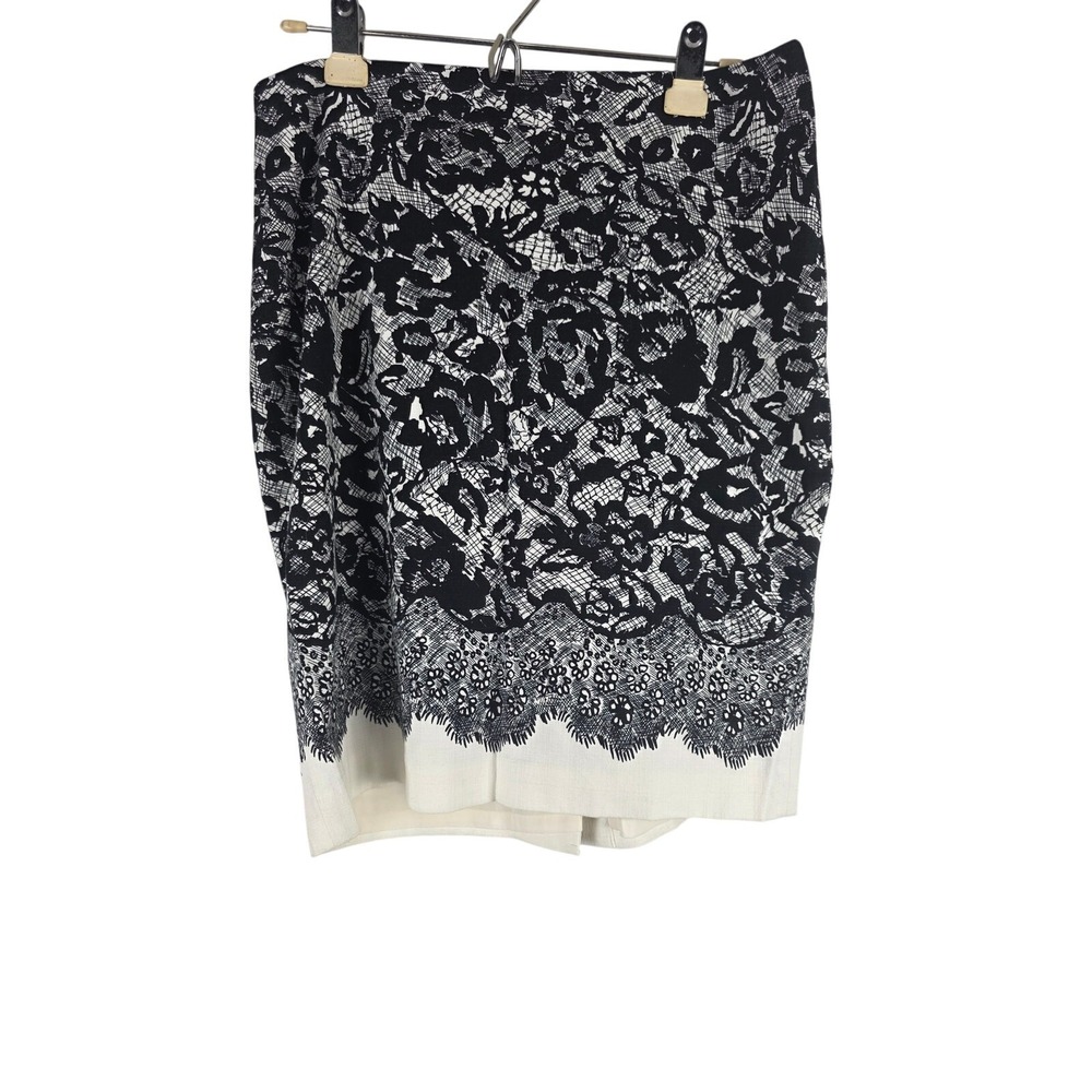 Ann Taylor Floral‎ Print Skirt 12 Womens Black White Office Work Lined Classic